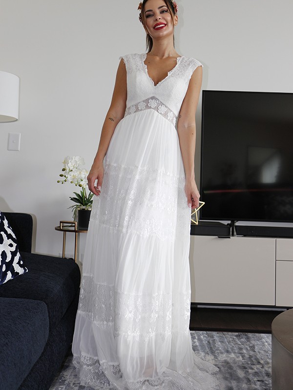 A-Line/Princess V-neck Short Sleeves Lace Ruched Floor-Length Wedding Dresses 1146