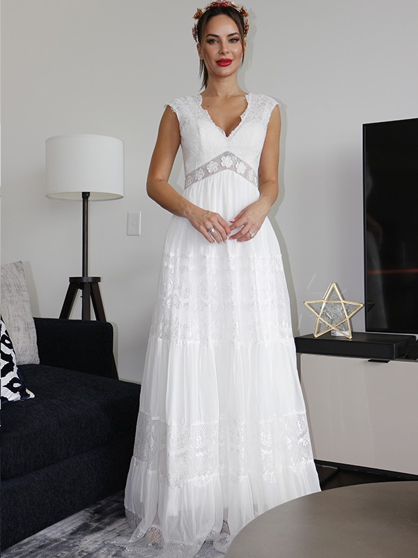 A-Line/Princess V-neck Short Sleeves Lace Ruched Floor-Length Wedding Dresses 1146