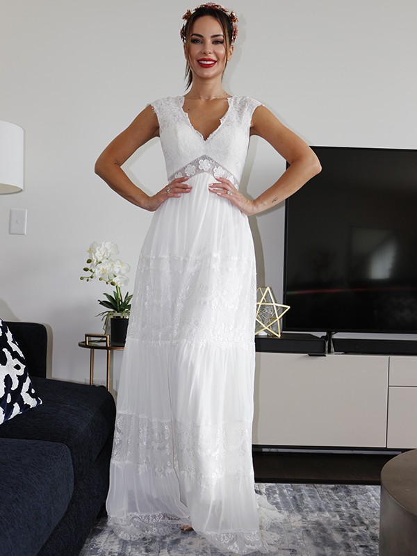 A-Line/Princess V-neck Short Sleeves Lace Ruched Floor-Length Wedding Dresses 1146