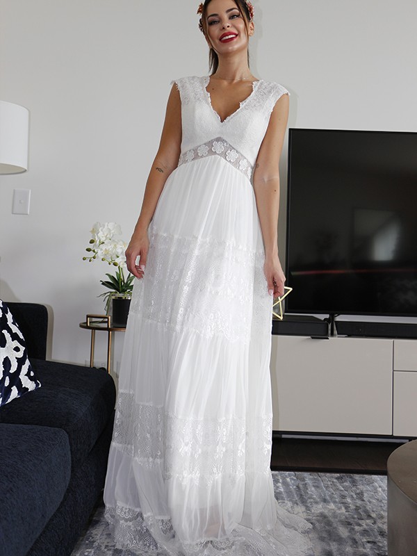 A-Line/Princess V-neck Short Sleeves Lace Ruched Floor-Length Wedding Dresses 1146