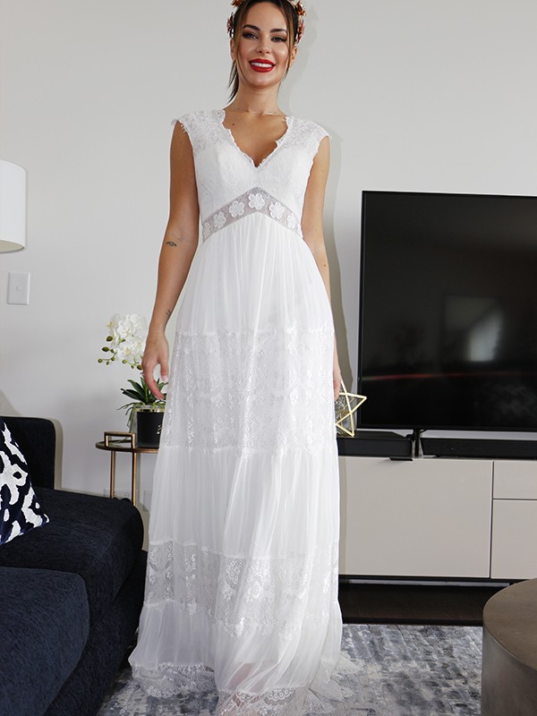 A-Line/Princess V-neck Short Sleeves Lace Ruched Floor-Length Wedding Dresses 1146