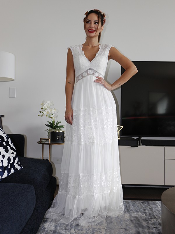 A-Line/Princess V-neck Short Sleeves Lace Ruched Floor-Length Wedding Dresses 1146