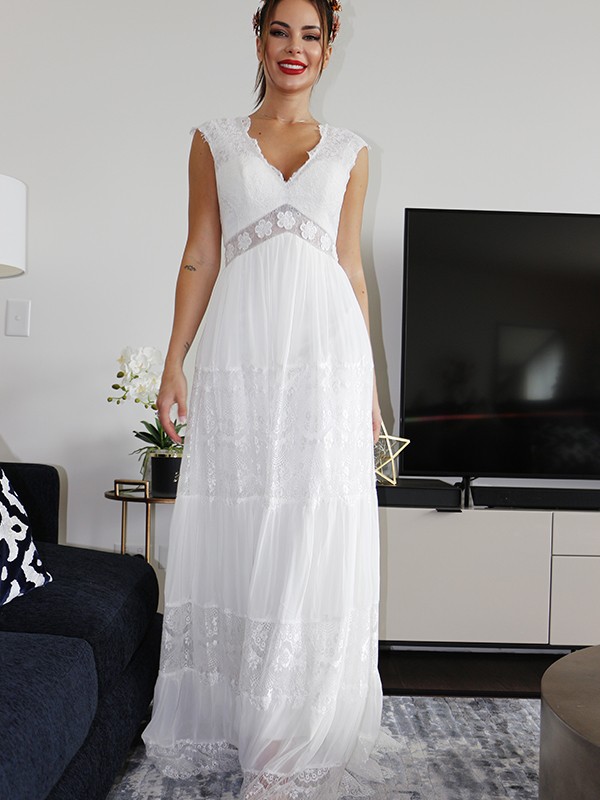 A-Line/Princess V-neck Short Sleeves Lace Ruched Floor-Length Wedding Dresses 1146