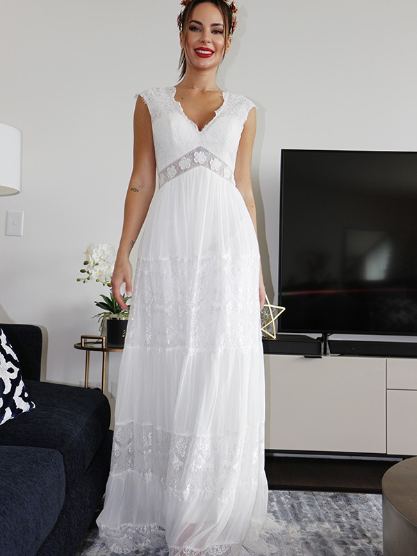 A-Line/Princess V-neck Short Sleeves Lace Ruched Floor-Length Wedding Dresses 1146