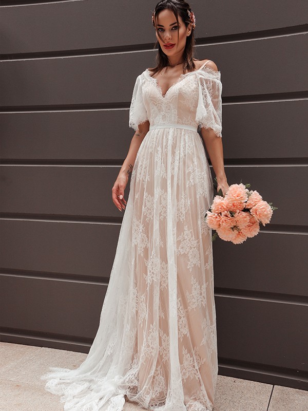 A-Line/Princess Short Sleeves Lace V-neck Sash/Ribbon/Belt Sweep/Brush Train Wedding Dresses 887