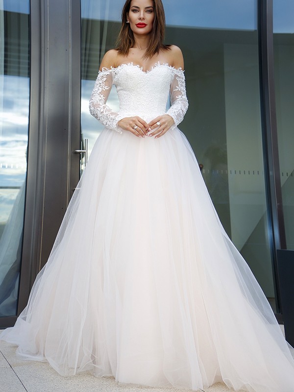 A-Line/Princess Long Sleeves Tulle Applique Off-the-Shoulder Court Train Wedding Dresses 753