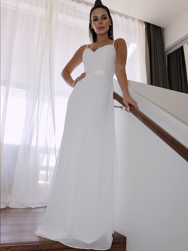 Sheath/Column Chiffon Lace Spaghetti Straps Sleeveless Floor-Length Wedding Dresses 1364