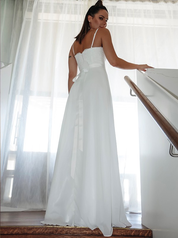 Sheath/Column Chiffon Lace Spaghetti Straps Sleeveless Floor-Length Wedding Dresses 1364