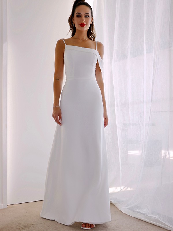 Sheath/Column Spaghetti Straps Satin Sleeveless Ruched Floor-Length Wedding Dresses 1448