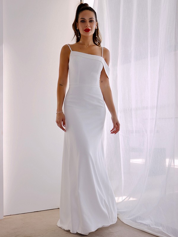 Sheath/Column Spaghetti Straps Satin Sleeveless Ruched Floor-Length Wedding Dresses 1448