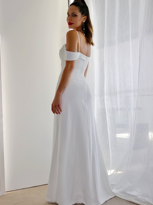 Sheath/Column Spaghetti Straps Satin Sleeveless Ruched Floor-Length Wedding Dresses 1448