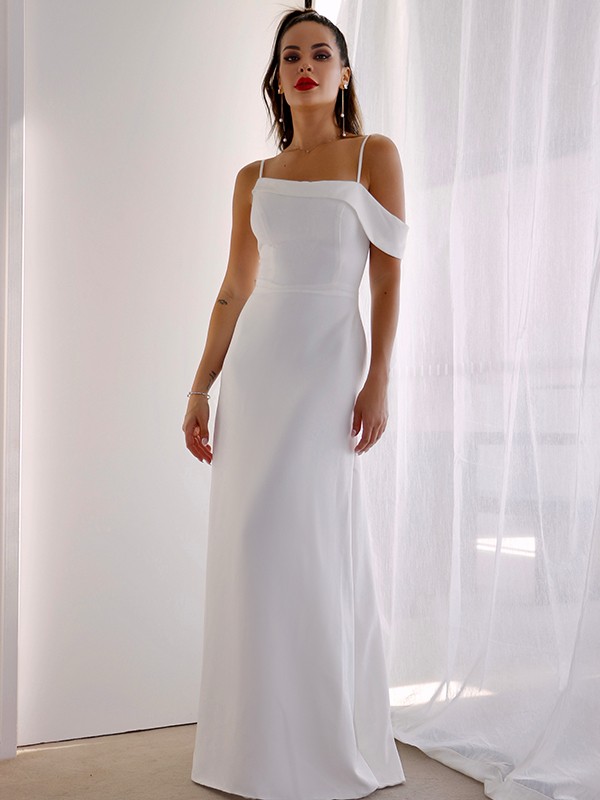 Sheath/Column Spaghetti Straps Satin Sleeveless Ruched Floor-Length Wedding Dresses 1448