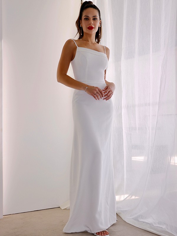 Sheath/Column Spaghetti Straps Satin Sleeveless Ruched Floor-Length Wedding Dresses 1448