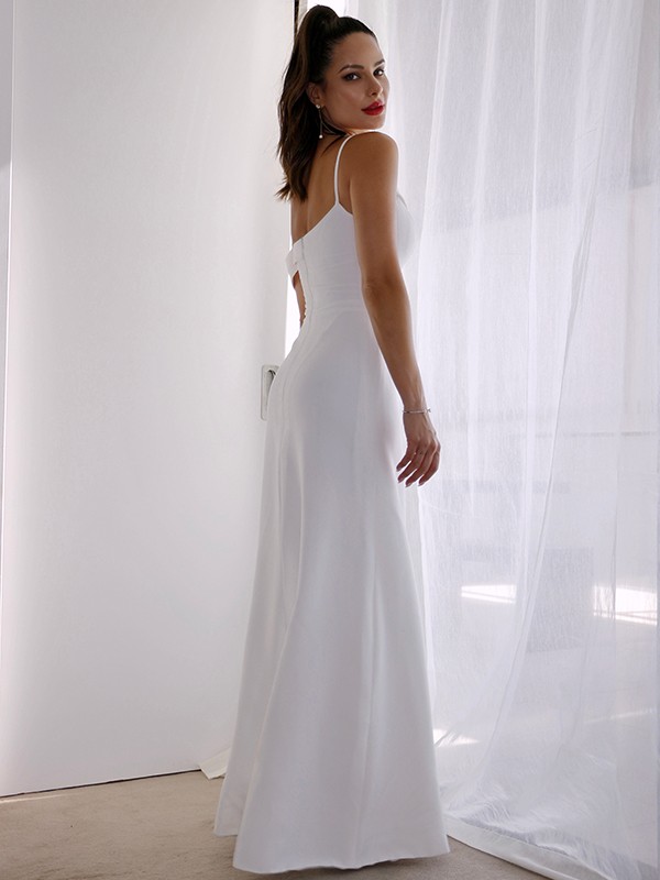 Sheath/Column Spaghetti Straps Satin Sleeveless Ruched Floor-Length Wedding Dresses 1448