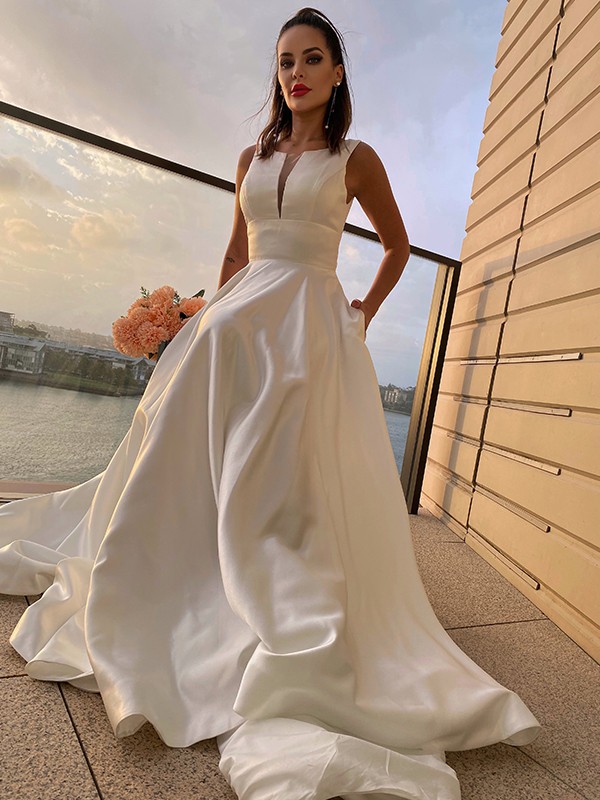 A-Line/Princess Satin Ruffles Scoop Sleeveless Sweep/Brush Train Wedding Dresses 837