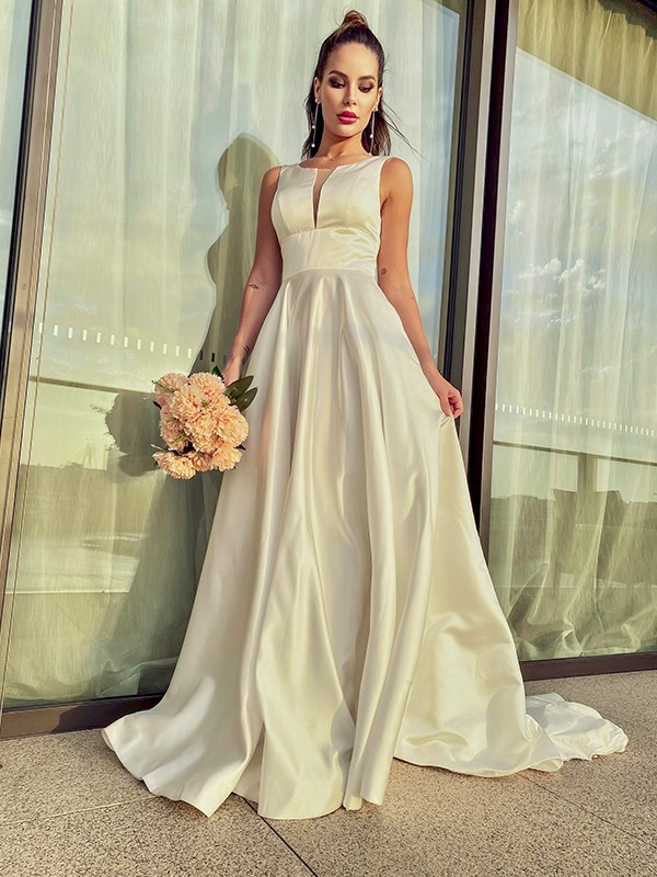 A-Line/Princess Satin Ruffles Scoop Sleeveless Sweep/Brush Train Wedding Dresses 837