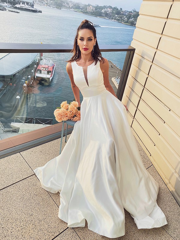 A-Line/Princess Satin Ruffles Scoop Sleeveless Sweep/Brush Train Wedding Dresses 837