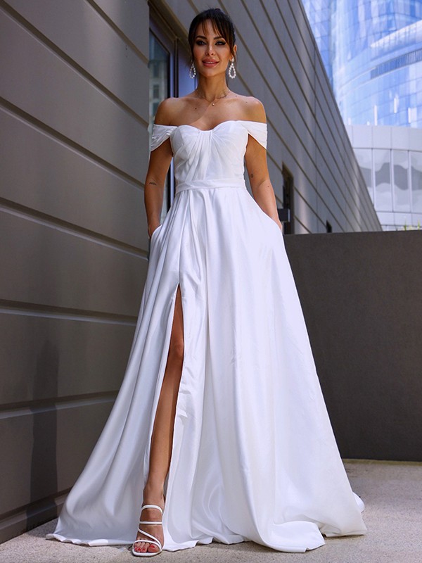 A-Line/Princess Satin Ruched Off-the-Shoulder Sleeveless Sweep/Brush Train Wedding Dresses 813