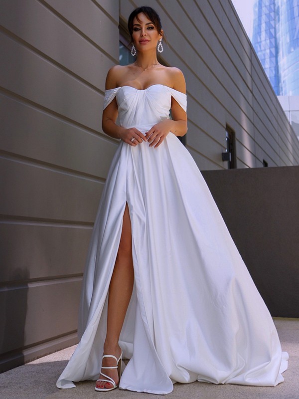 A-Line/Princess Satin Ruched Off-the-Shoulder Sleeveless Sweep/Brush Train Wedding Dresses 813