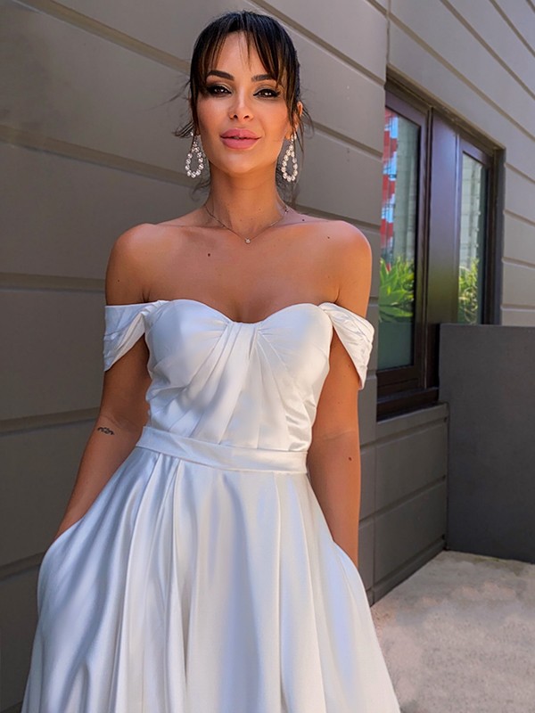 A-Line/Princess Satin Ruched Off-the-Shoulder Sleeveless Sweep/Brush Train Wedding Dresses 813