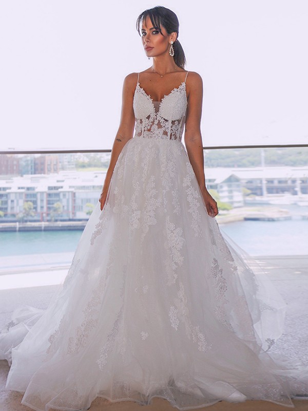 A-Line/Princess Tulle Spaghetti Straps Sleeveless Applique Court Train Wedding Dresses 1107