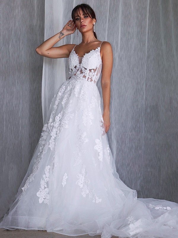 A-Line/Princess Tulle Spaghetti Straps Sleeveless Applique Court Train Wedding Dresses 1107