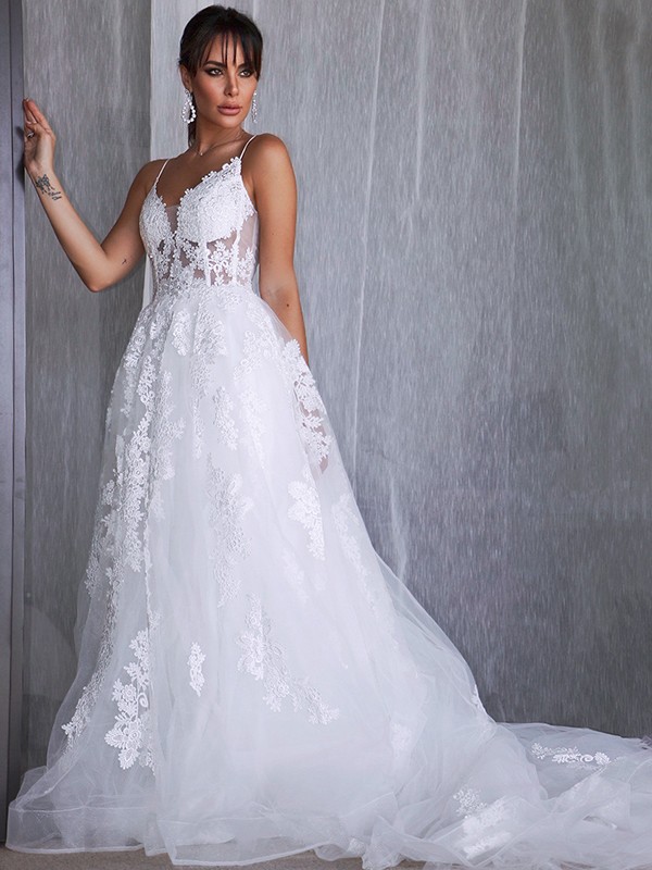 A-Line/Princess Tulle Spaghetti Straps Sleeveless Applique Court Train Wedding Dresses 1107