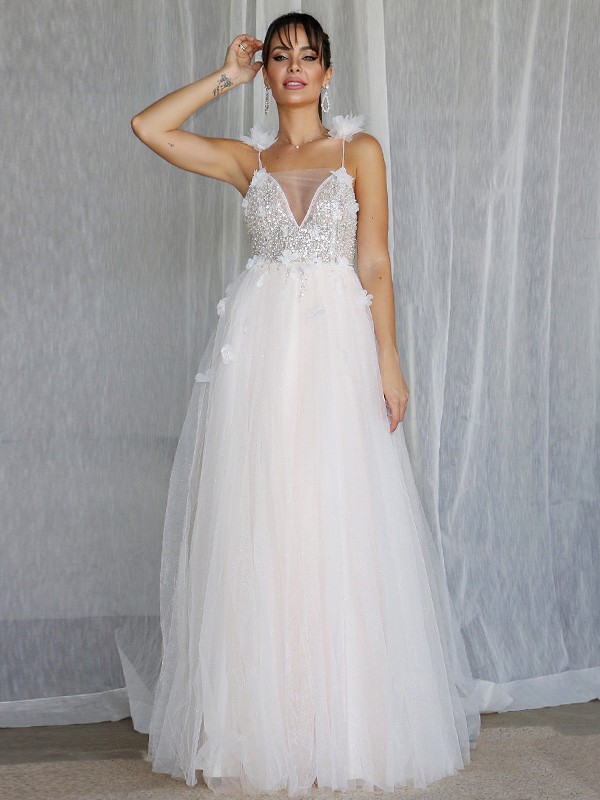 A-Line/Princess V-neck Beading Sleeveless Tulle Floor-Length Wedding Dresses 1128