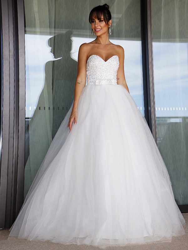 Ball Gown Tulle Sweetheart Bowknot Sleeveless Floor-Length Wedding Dresses 1319