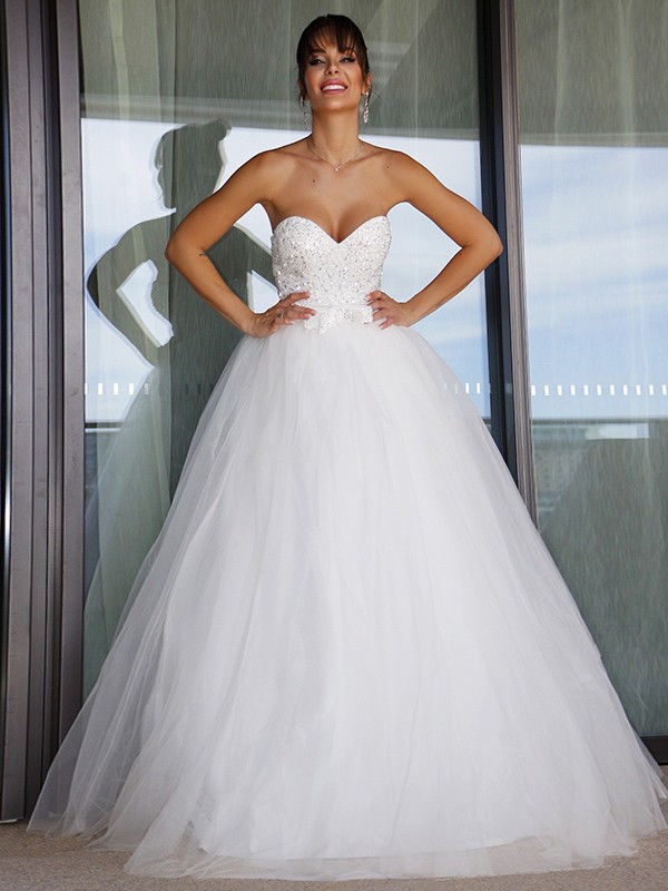 Ball Gown Tulle Sweetheart Bowknot Sleeveless Floor-Length Wedding Dresses 1319