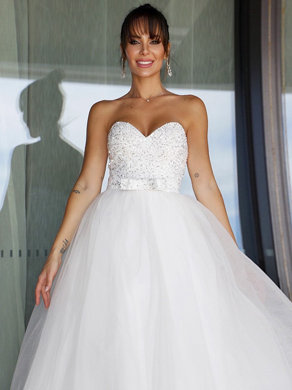 Ball Gown Tulle Sweetheart Bowknot Sleeveless Floor-Length Wedding Dresses 1319