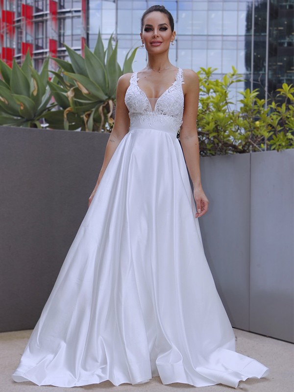 A-Line/Princess V-neck Satin Applique Sleeveless Sweep/Brush Train Wedding Dresses 1141