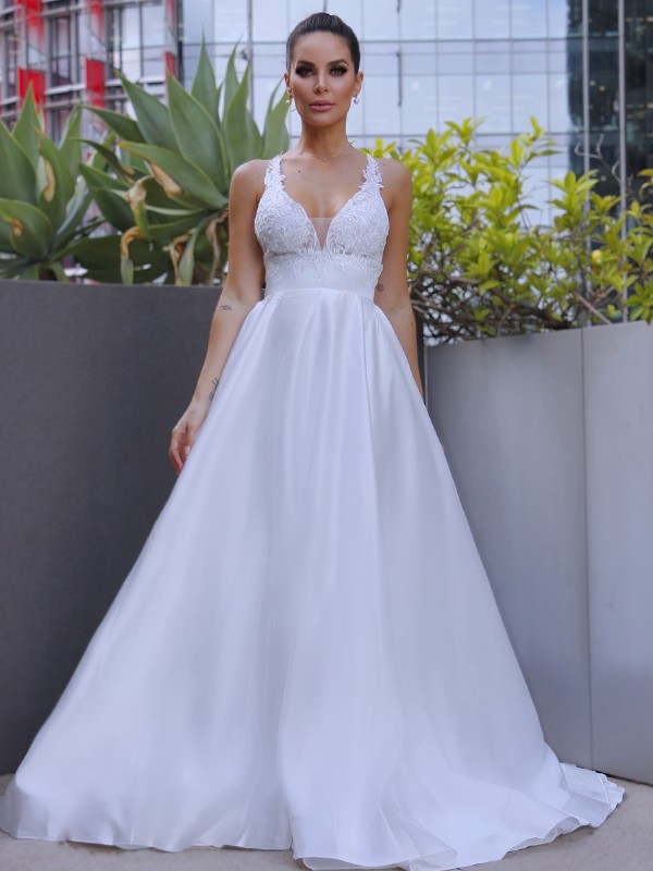 A-Line/Princess V-neck Satin Applique Sleeveless Sweep/Brush Train Wedding Dresses 1141