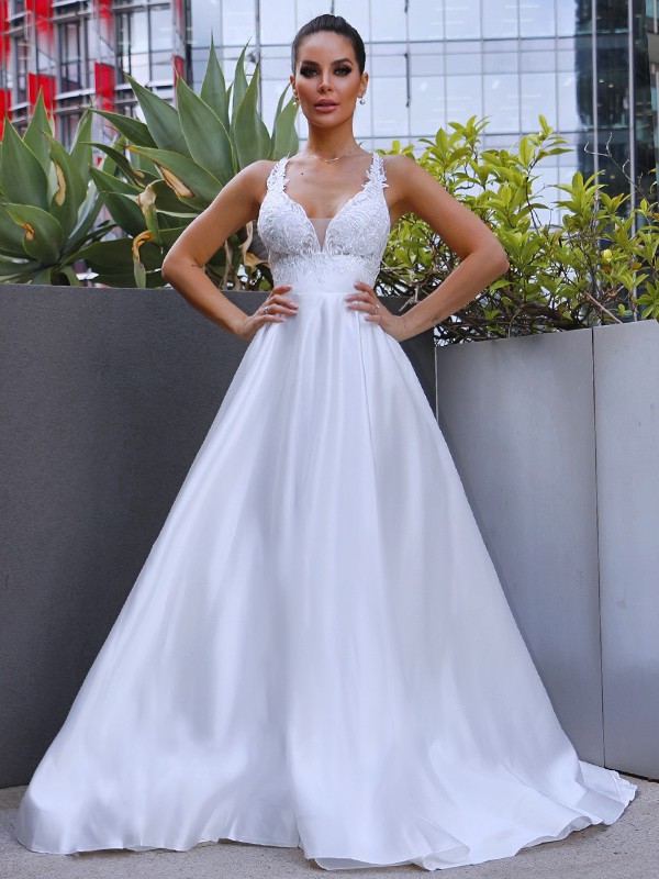 A-Line/Princess V-neck Satin Applique Sleeveless Sweep/Brush Train Wedding Dresses 1141