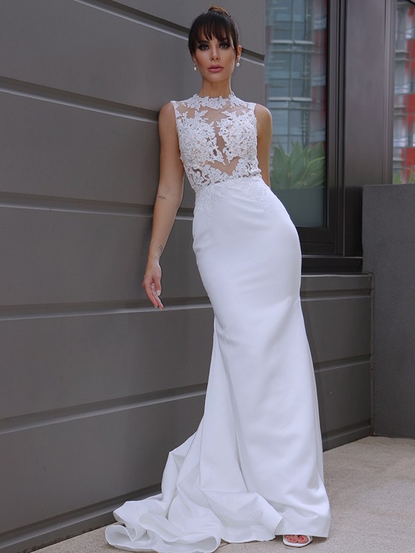 Trumpet/Mermaid Sleeveless Applique Scoop Satin Court Train Wedding Dresses 1638