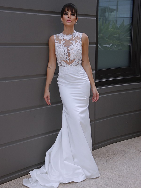 Trumpet/Mermaid Sleeveless Applique Scoop Satin Court Train Wedding Dresses 1638