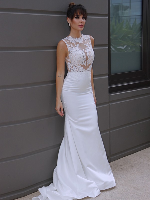 Trumpet/Mermaid Sleeveless Applique Scoop Satin Court Train Wedding Dresses 1638