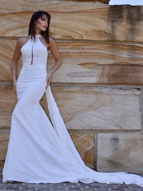 Trumpet/Mermaid Halter Sleeveless Stretch Crepe Ruffles Court Train Wedding Dresses 1563