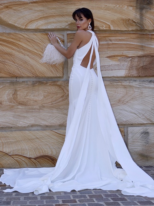 Trumpet/Mermaid Halter Sleeveless Stretch Crepe Ruffles Court Train Wedding Dresses 1563