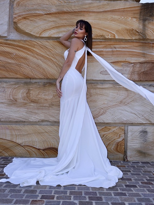 Trumpet/Mermaid Halter Sleeveless Stretch Crepe Ruffles Court Train Wedding Dresses 1563