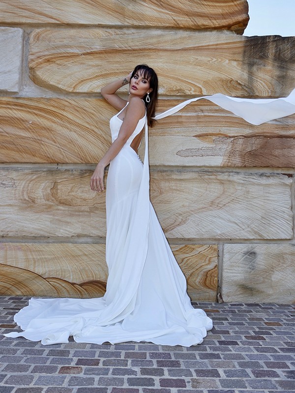 Trumpet/Mermaid Halter Sleeveless Stretch Crepe Ruffles Court Train Wedding Dresses 1563