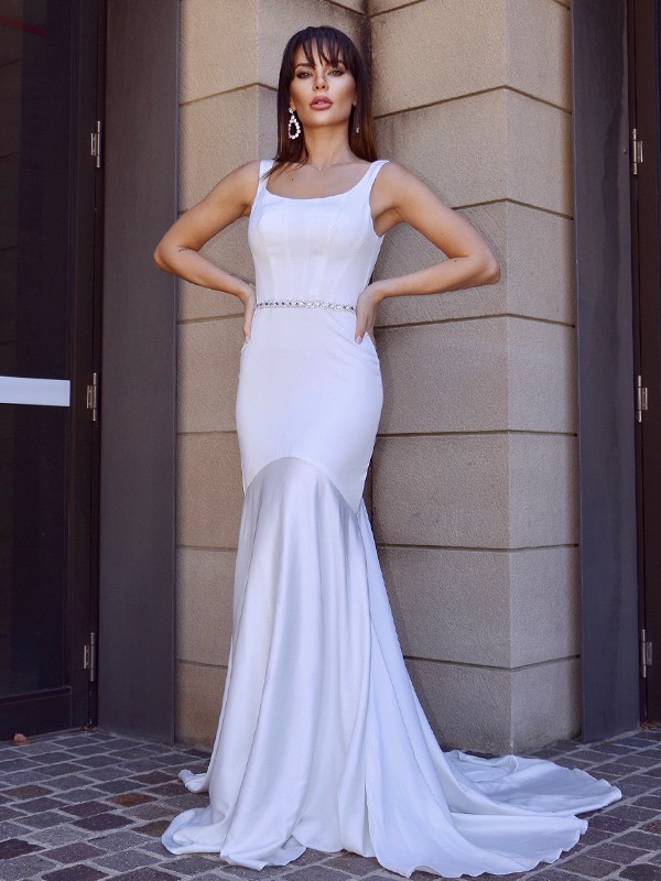 Trumpet/Mermaid Square Sash/Ribbon/Belt Stretch Crepe Sleeveless Sweep/Brush Train Wedding Dresses 1673