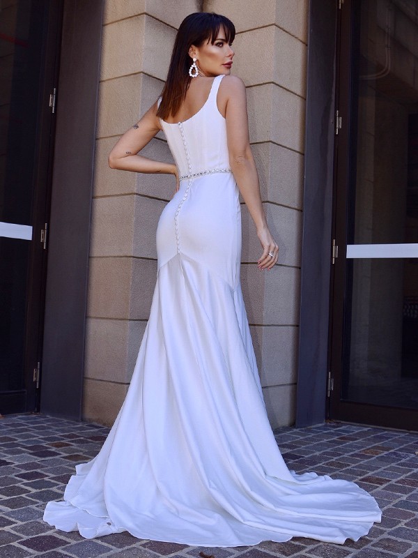 Trumpet/Mermaid Square Sash/Ribbon/Belt Stretch Crepe Sleeveless Sweep/Brush Train Wedding Dresses 1673