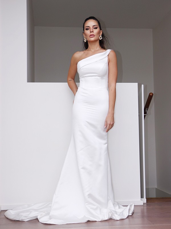 Sheath/Column Satin One-Shoulder Ruched Sleeveless Sweep/Brush Train Wedding Dresses 1412