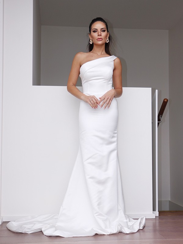 Sheath/Column Satin One-Shoulder Ruched Sleeveless Sweep/Brush Train Wedding Dresses 1412