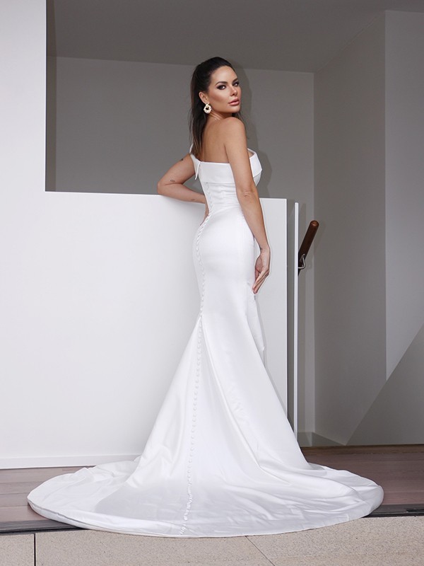 Sheath/Column Satin One-Shoulder Ruched Sleeveless Sweep/Brush Train Wedding Dresses 1412