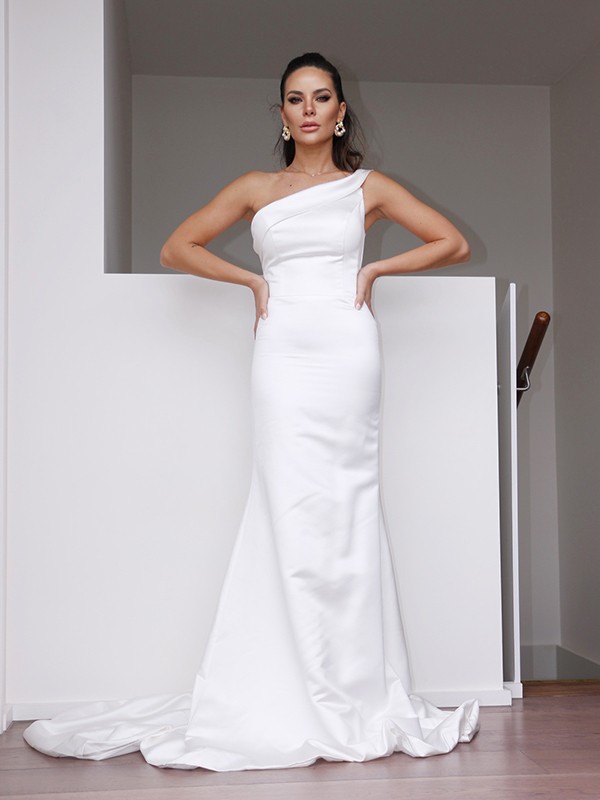 Sheath/Column Satin One-Shoulder Ruched Sleeveless Sweep/Brush Train Wedding Dresses 1412