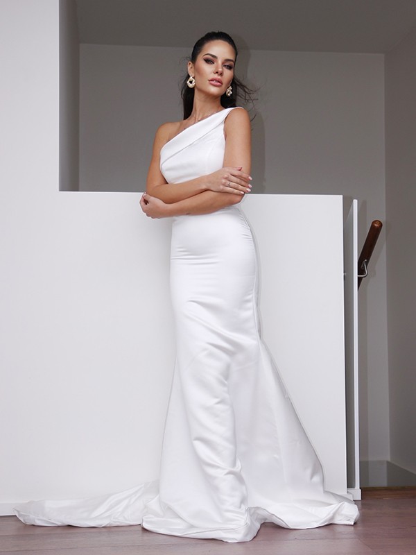 Sheath/Column Satin One-Shoulder Ruched Sleeveless Sweep/Brush Train Wedding Dresses 1412