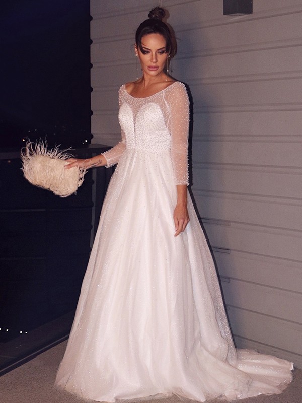 A-Line/Princess Beading Scoop Tulle Long Sleeves Sweep/Brush Train Wedding Dresses 624