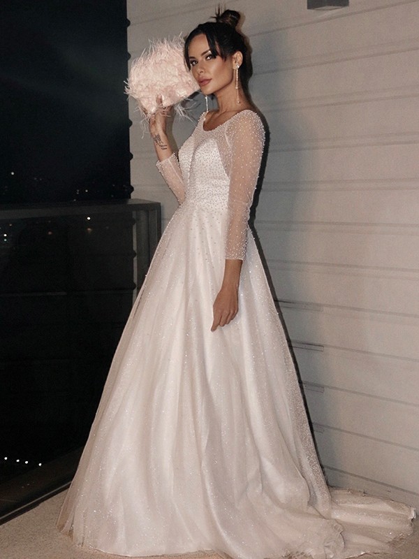 A-Line/Princess Beading Scoop Tulle Long Sleeves Sweep/Brush Train Wedding Dresses 624